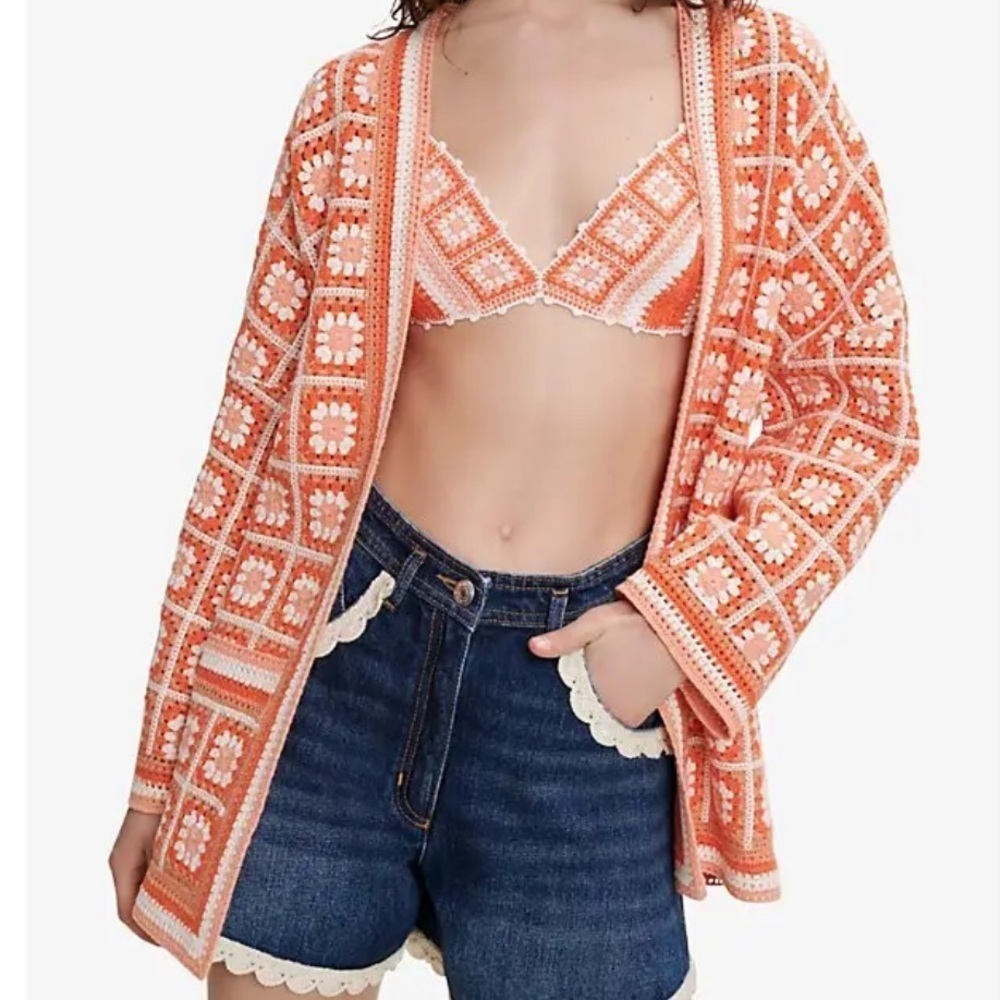 NWT MAJE Mathiou Crocheted Cotton Cardigan Sweater Orange S